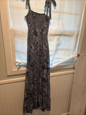 Navy White Bandana Print Smocked Maxi Dress